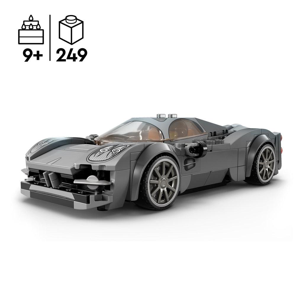 car is shown fully built, it includes specially shaped pieces as well as decals to make it look as realistic as possible while still retaining the lego brick look | piece count of 249 and age recommendation of 9+ in top left