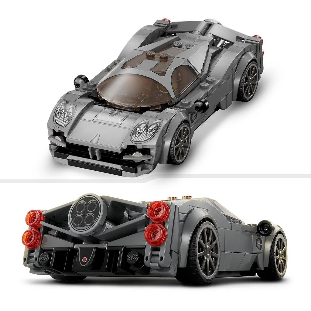 top-front and rear views of the car showing the realistic features like a decal for the exhaust pipes and headlights, red studs for the brake lights, and clear pieces for the windshields