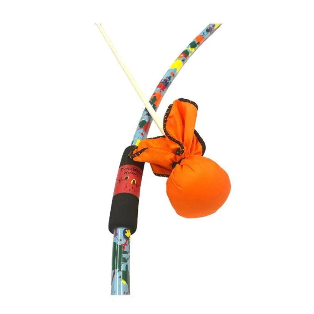 a blue bow with various color paint splatters all over it with a foam grip and an arrow with a large soft tip