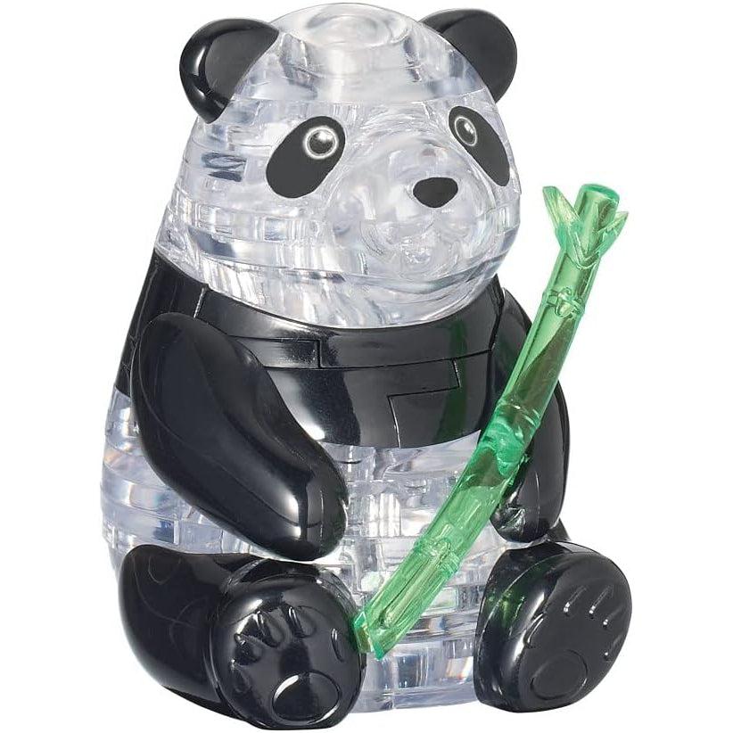 Image of the Panda 3D crystal puzzle. It is a panda with clear plastic white parts and opaque plastic black parts. Its holding a clear green bamboo stalk.