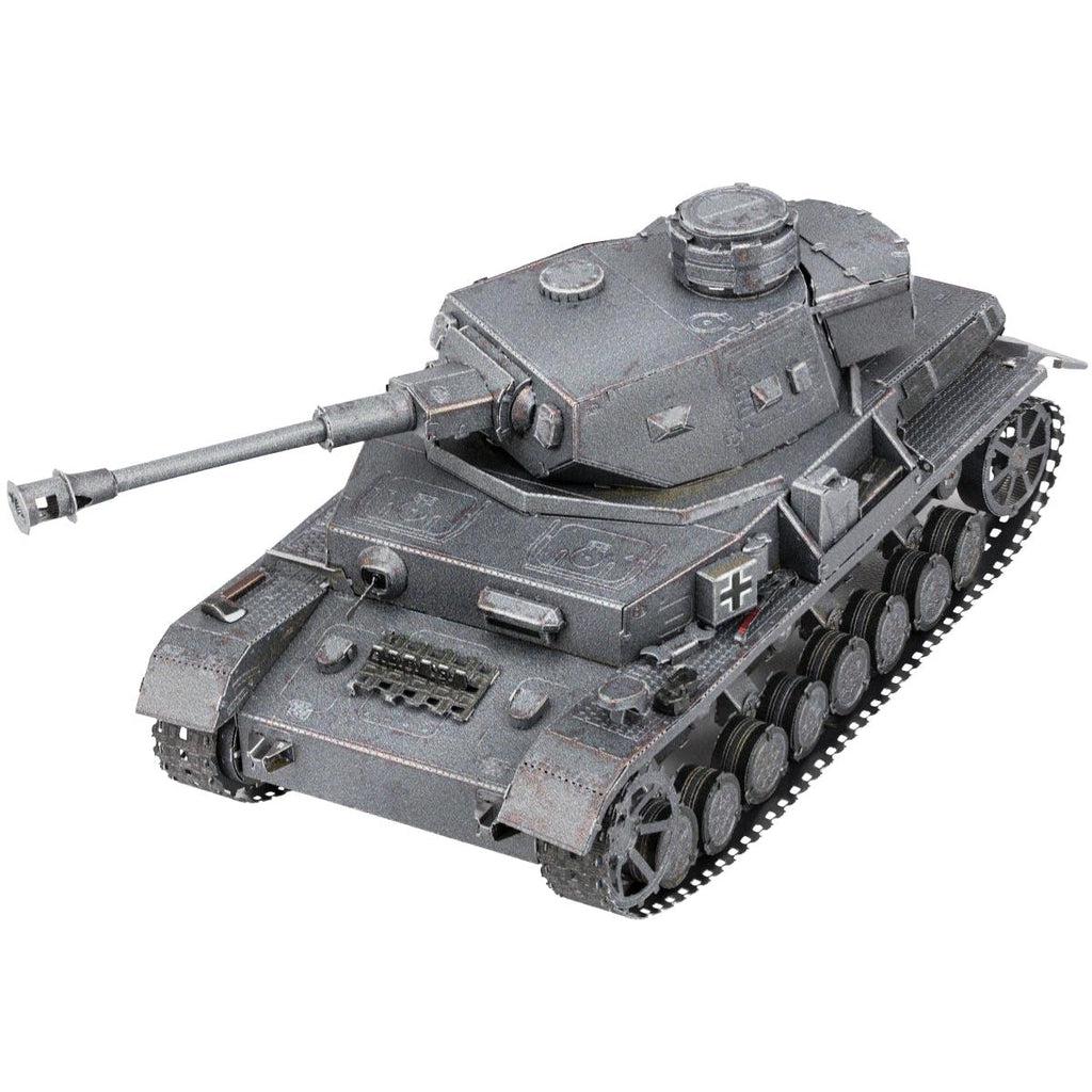 Image of the Panzer IV model. It is a metallic silver (not shiny) war tank . It has treads on the sides, thick body armor, a swiss flag on the side of it, and a non-movable top with the turret.
