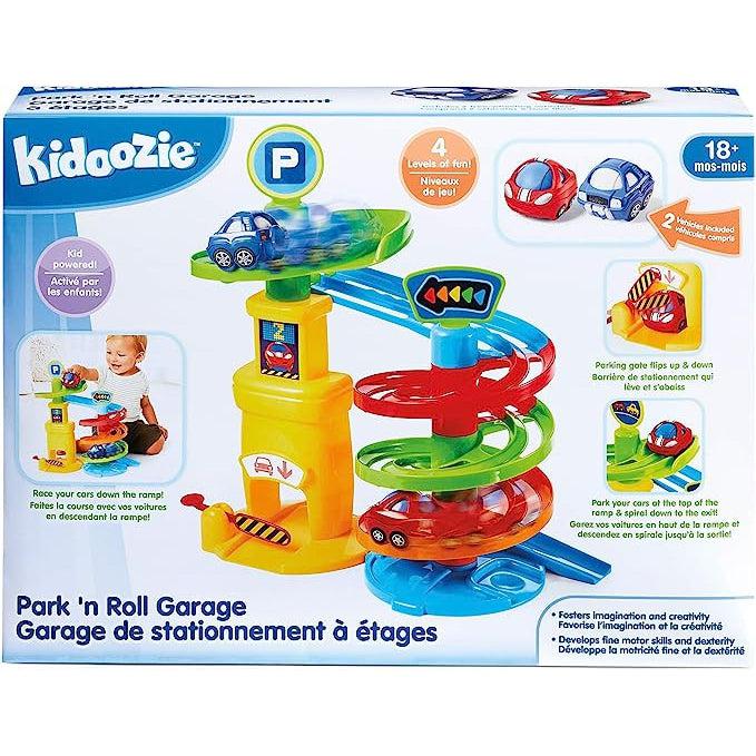 Image of the packaging for the Park N' Roll Garage toy. On the front it has a picture of the vehicle toy with some arrows pointing out information of interest.