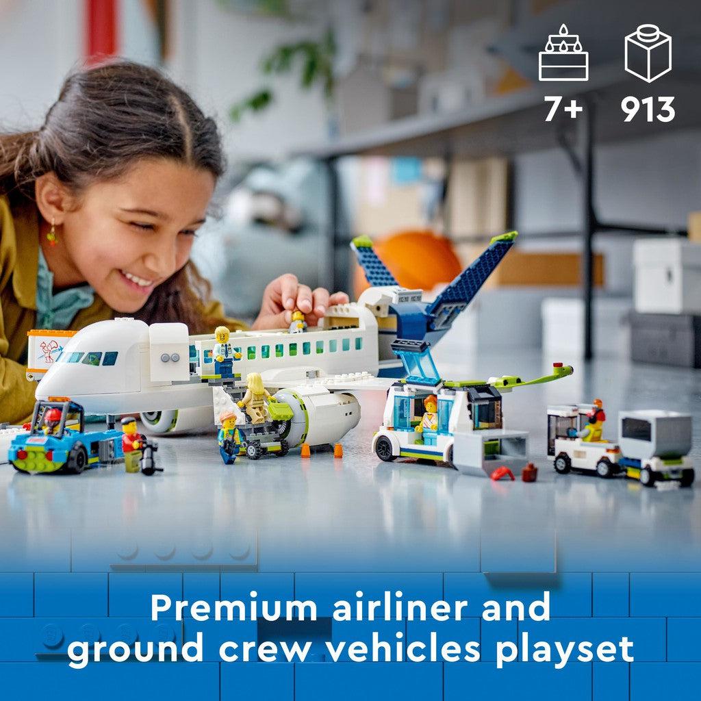 for ages 7+ with 913 LEGO pieces. Premium airliner and ground crew vehicles playset