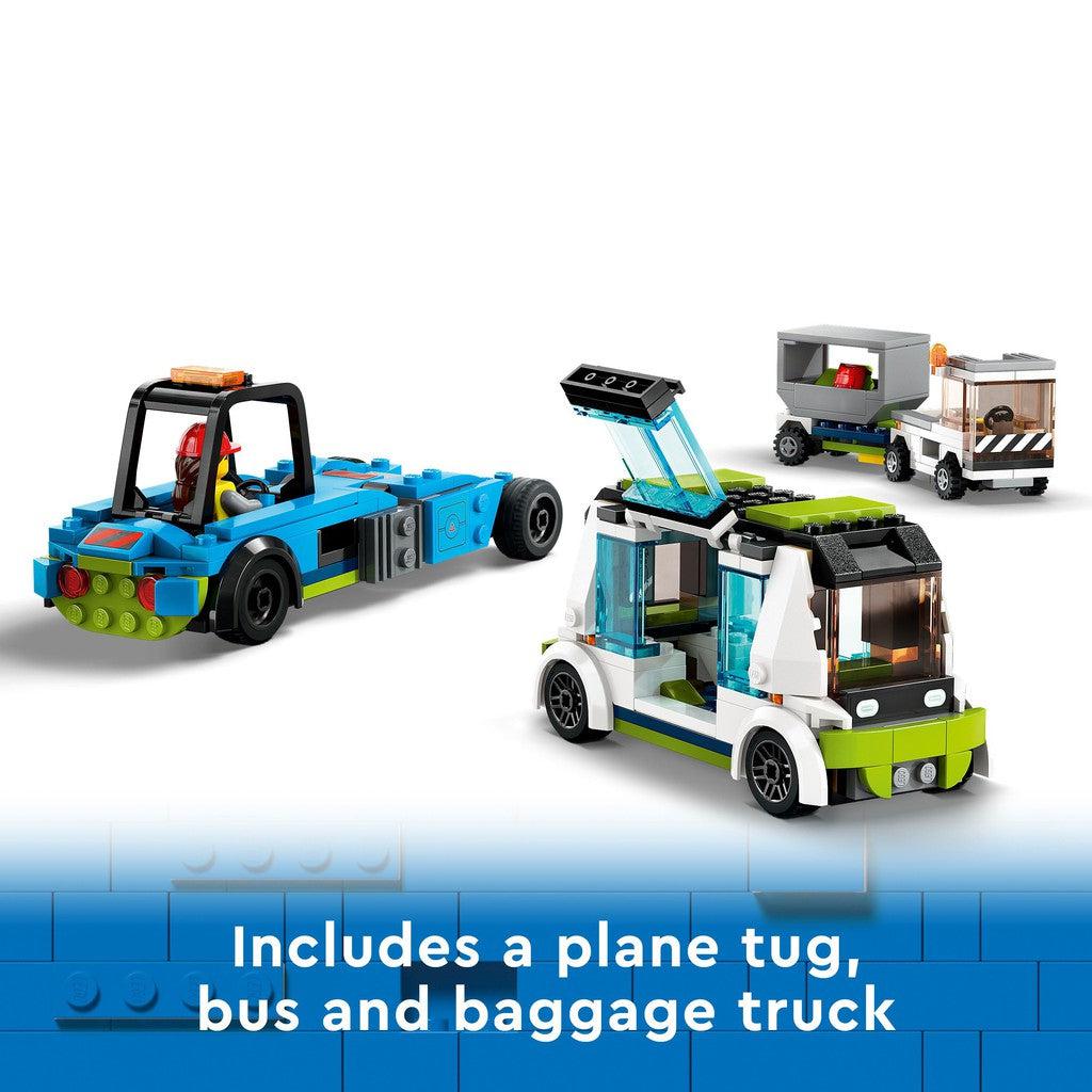 includes a plane tun, bus and baggage truck