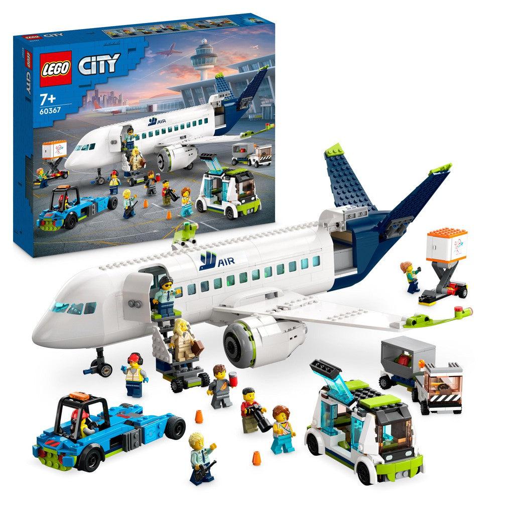 A LEGO City playset featuring a passenger aeroplane with many pieces.