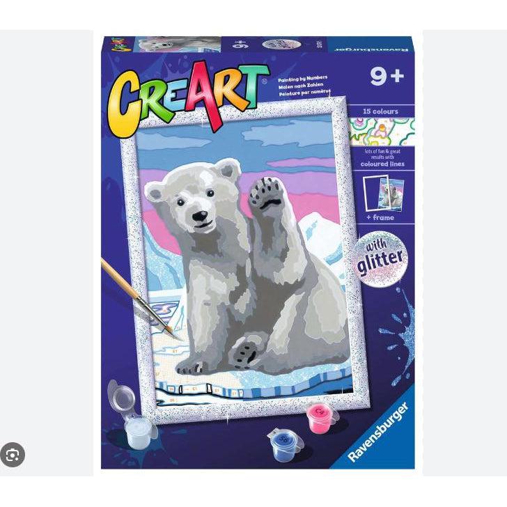 The CreArt for a pawsome polar bear. the bear is waving at you in this paint by numbers kit picture. with a fram dusted in glitter. 