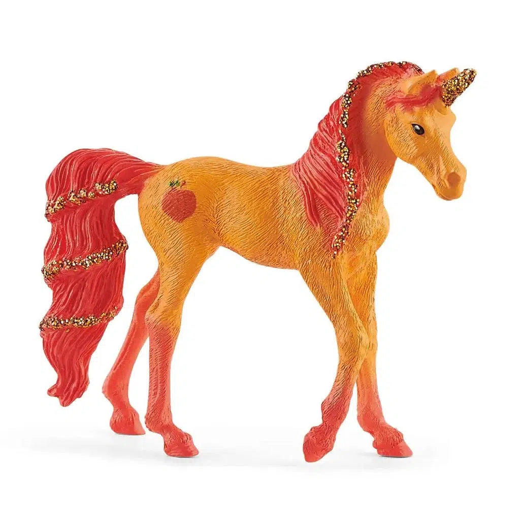 Image of the Peach Unicorn figurine. It is an orange unicorn with darker orange hair with gold glittery stripes. She has a peach cutie mark on its flank.