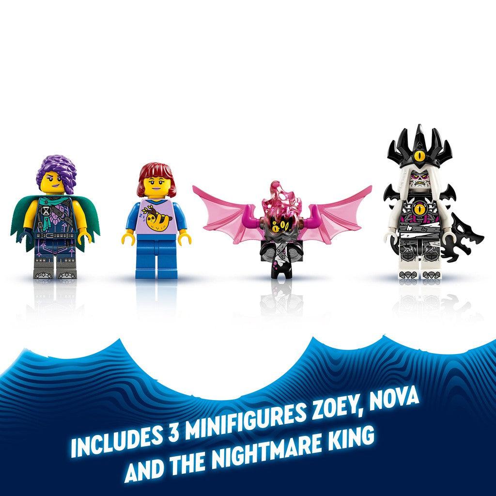 includes 3 minifigures zoey, nova, and the nightmare king