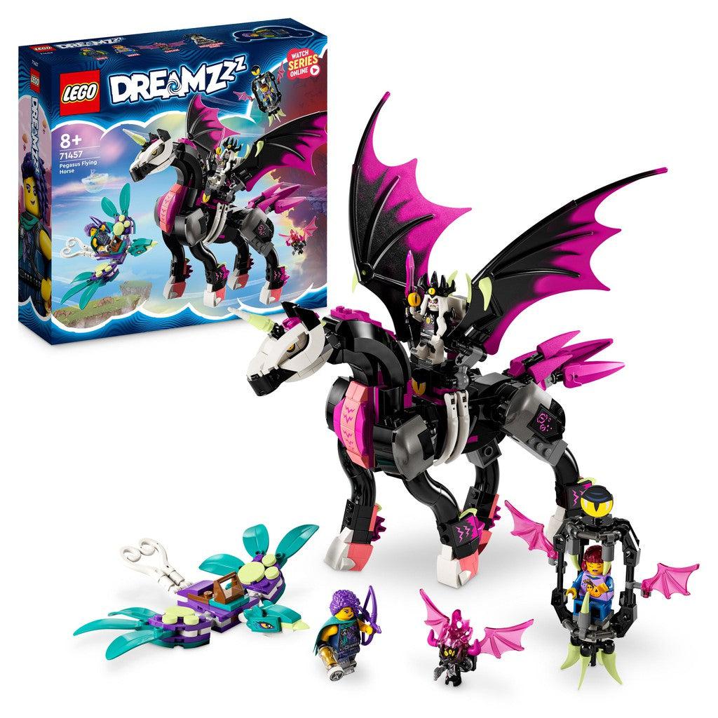 The LEGO Dreamzzz Pegasus Flying Horse. A black and purple pegasus from LEGO Dreamzzz is featured on the image