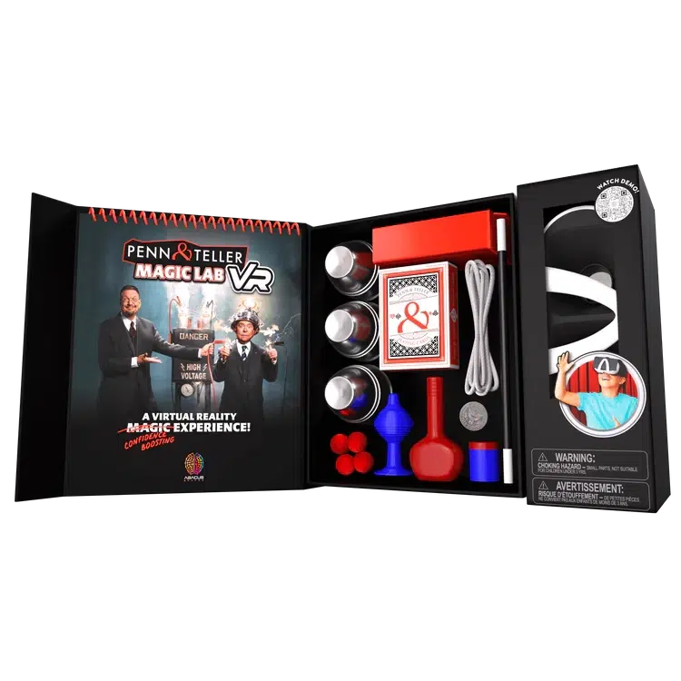 image shows the magic lab book, some cards, cups, balls, and other tools to learn magic with penn and teller