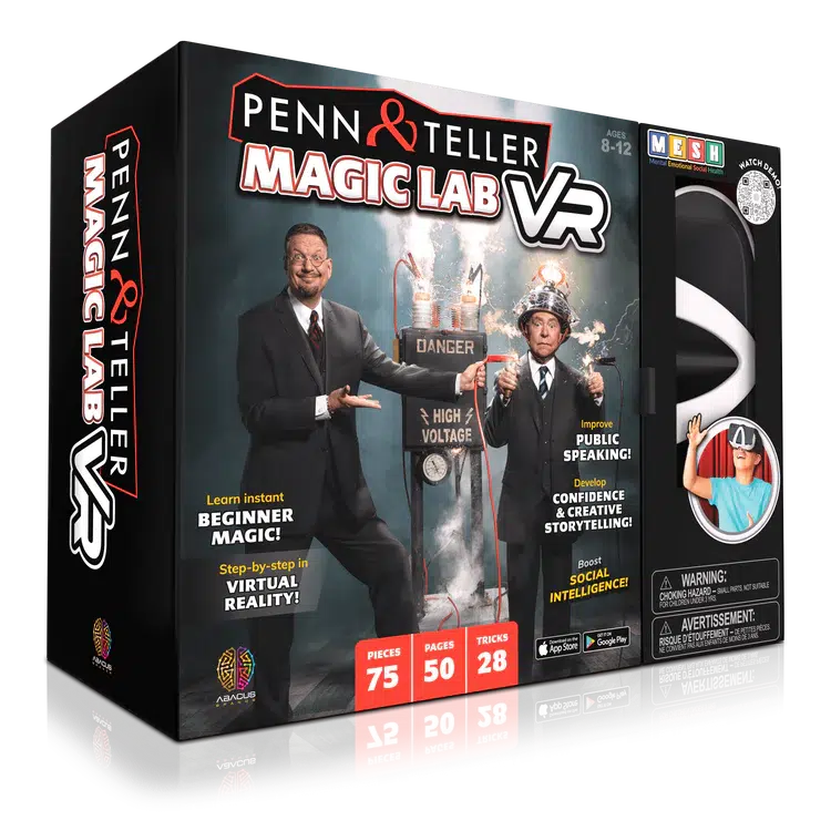 image shows the box for penn & teller vr magic lab. there is a chite and black vr headset and the box shows penn and teller on stage with a box reading "Danger High Voltage" to show off a magic trick