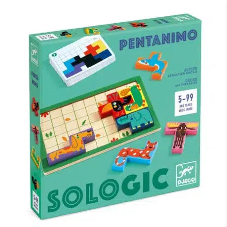 Image of a box for the logic game "Pentanimo" by Djeco. The green box showcases colorful game pieces and the age recommendation of 5-99 years. With 4 levels of difficulty, this puzzle develops patience while providing engaging challenges for all ages.