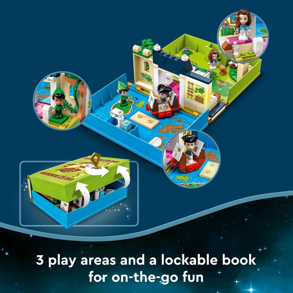 Shows that you can close up the LEGO playset into a storybook for easy storage. Caption: 3 play areas and a lockable book for on-the-go fun.