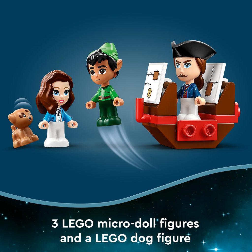 Close up of all the minifigures. It comes with Wendy, Peter Pan, Captain Hook, and a small puppy.