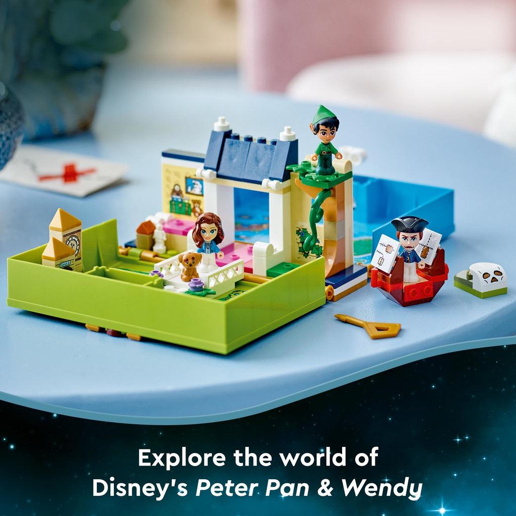 Image of the open storybook LEGO playset. Caption: Explore the world of Disney's Peter Pan & Wendy