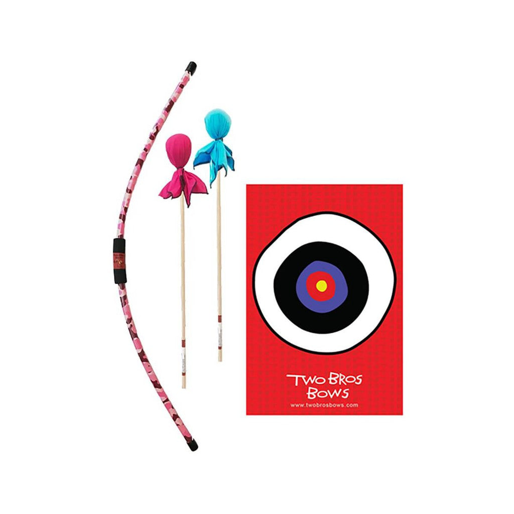 a bow with a pink camo pattern and foam grip next two the two arrows and a target