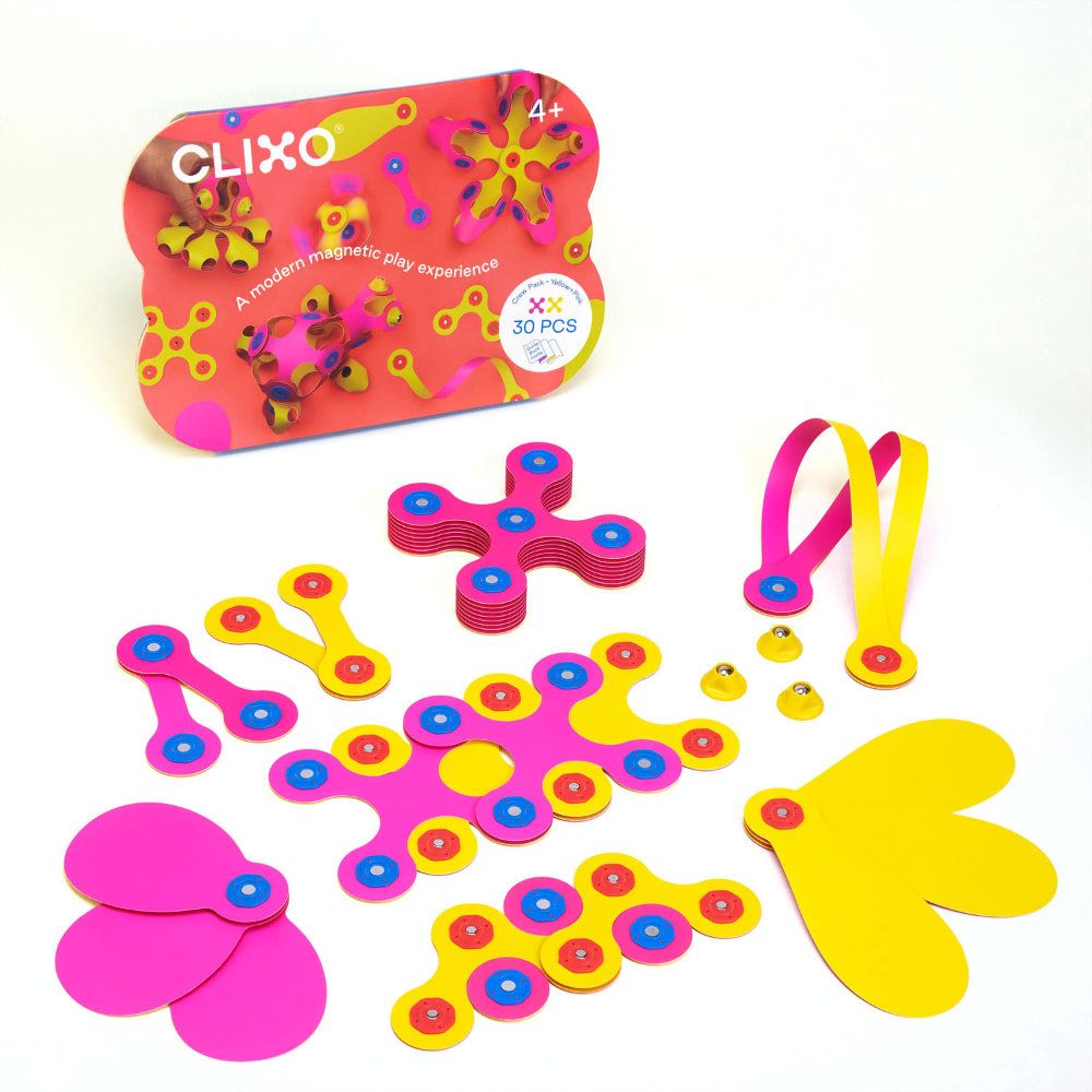 A colorful assortment of flexible shapes from the Clixo magnetic building toys collection designed for creative play, arranged next to its packaging.