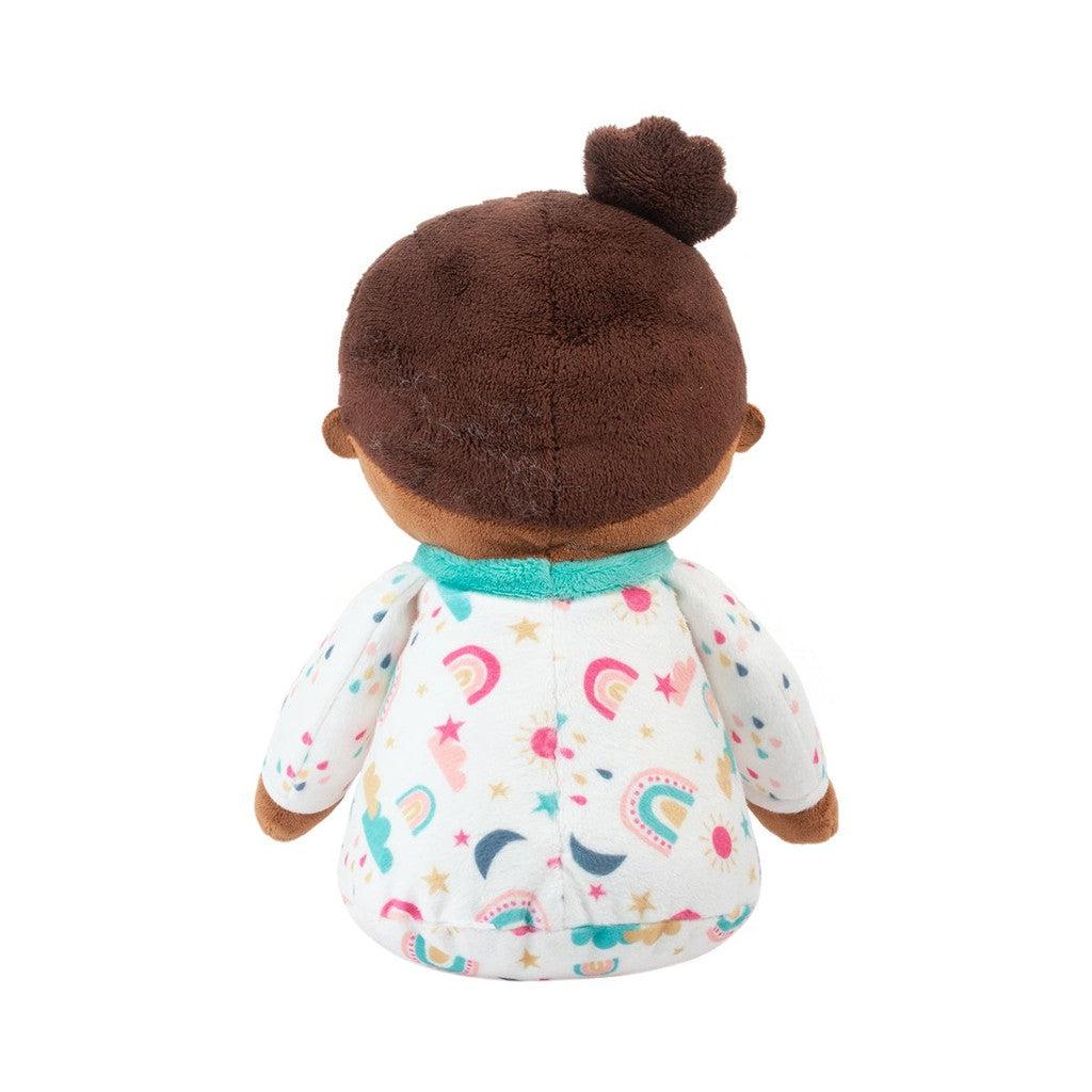 this image shows the back of the baby doll. her hair is tied up in a bun on her side