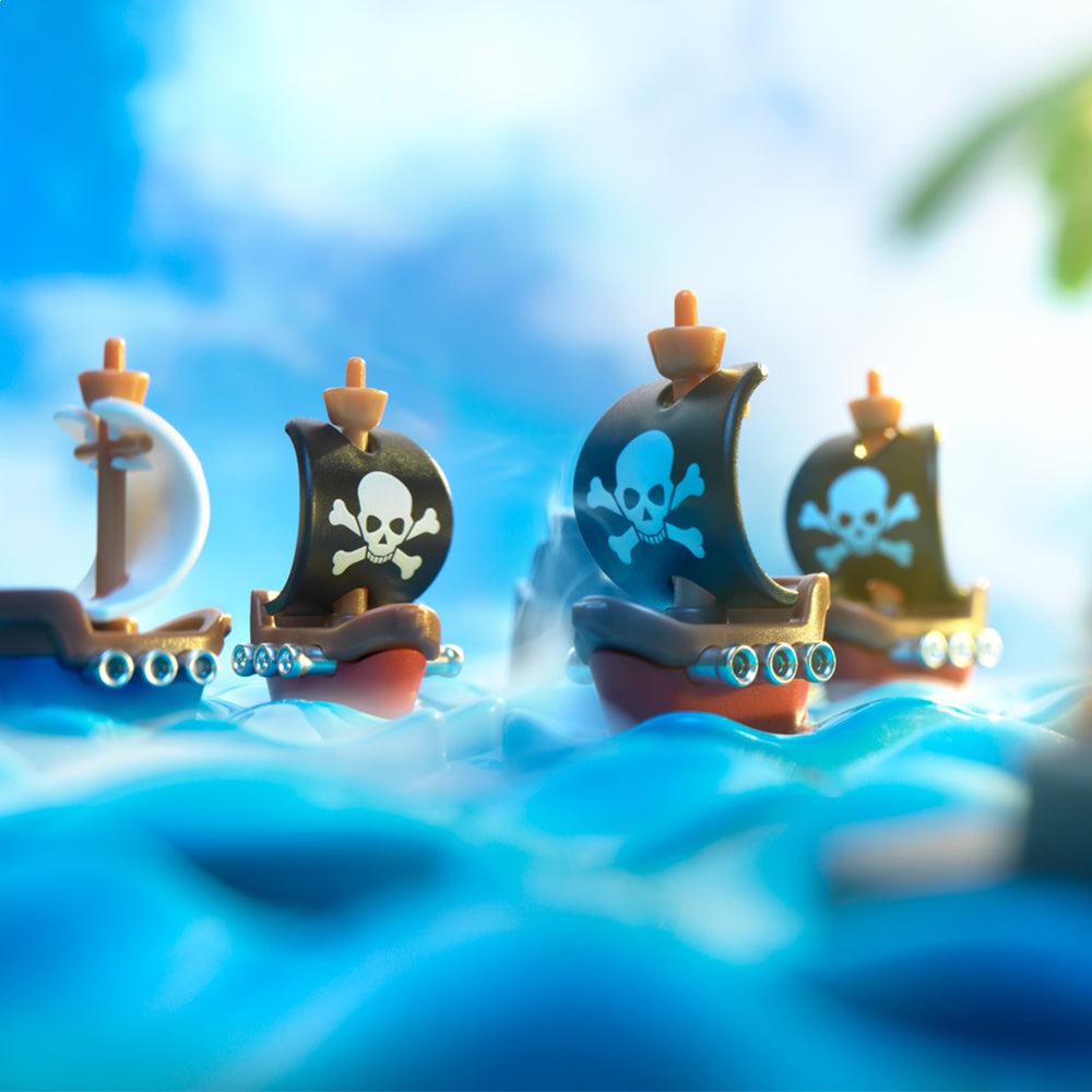 Epic scene of the game's pirate ships out on the ocean.