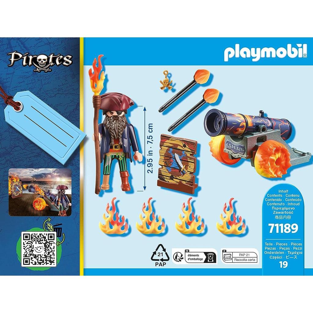 This picture shows everything in the box, from a pirate, to the cannon with wheels of fire, to the projectiles and prop fire. 