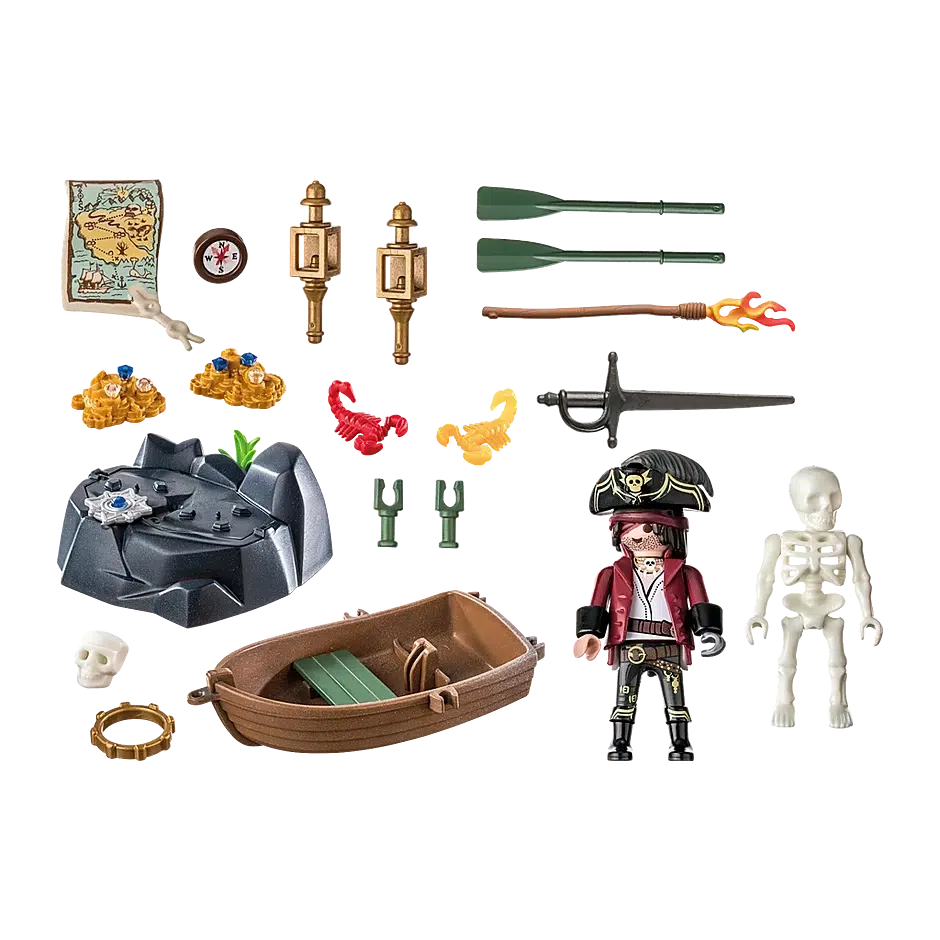 This picture shows all the pieces in the box, from maps, a compass, gold, scorpions, a boat and oars, a sword, a pirate, skeleton, skull and a rock.