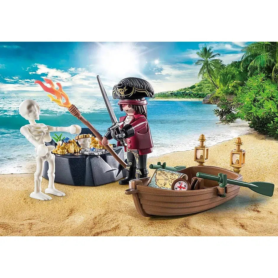 Picture shows a colorful beach background with the playmobil pirate on the land, holding a flaming torch to the sketeton, the pirate is ready to gather treasure.