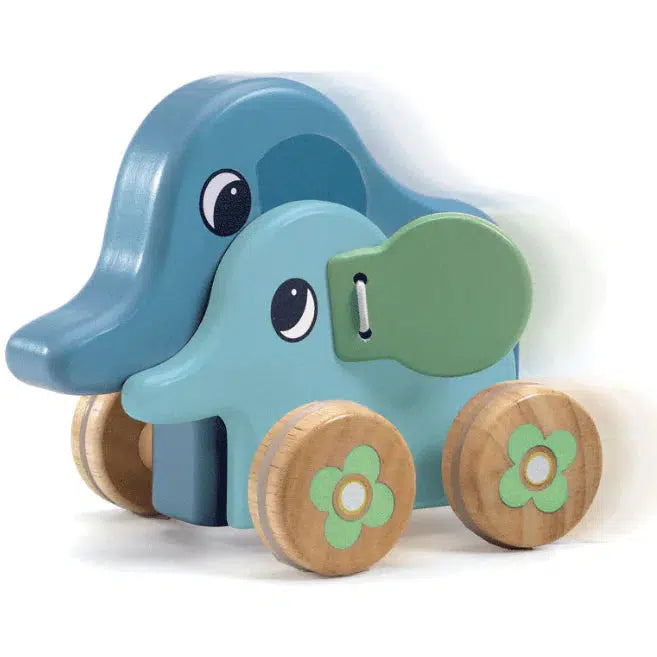 Image of the PitiSing Elephant Musical Push Along. The toy has two blue elephants (one bigger and one smaller) on wheels. When you push the toy, it plays music.