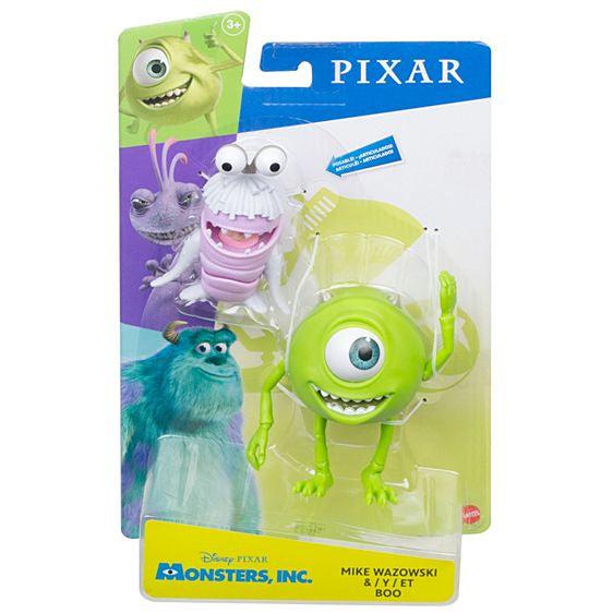 Image of the packaging for the Pixar Core Mike Wazouski & Boo figurine set. The front is made from clear plastic so you can see the toys inside.