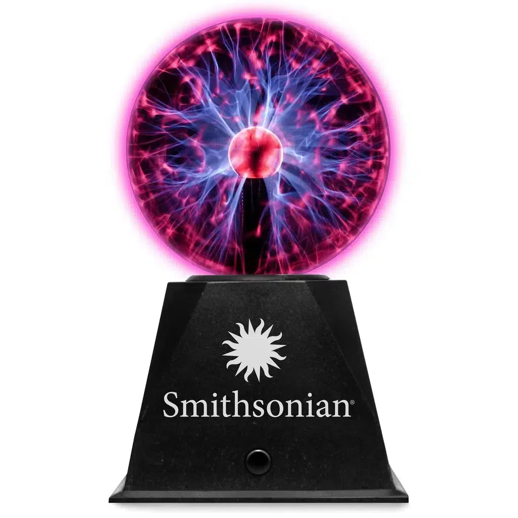 Introducing the Smithsonian Plasma Ball: a captivating display featuring a plasma globe on a black base with the iconic Smithsonian logo. Witness an atomic light show as pink and blue electric arcs dance vividly from its center, mesmerizing all who gaze upon it.