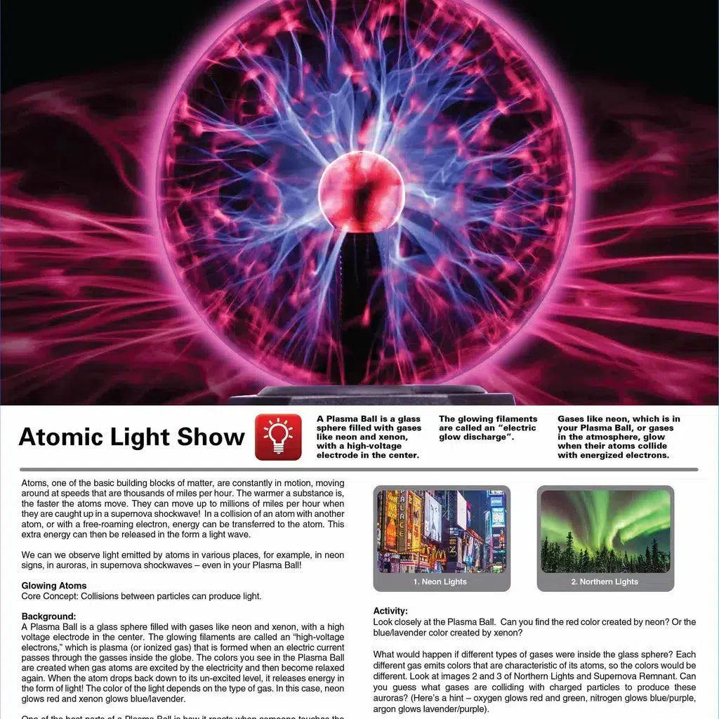 A poster titled "Atomic Light Show" featuring the Smithsonian Plasma Ball with glowing neon lights and atoms. Engage in activities to identify colors created by electrons and gases, experiencing the mesmerizing dance of light in this captivating plasma ball spectacle.
