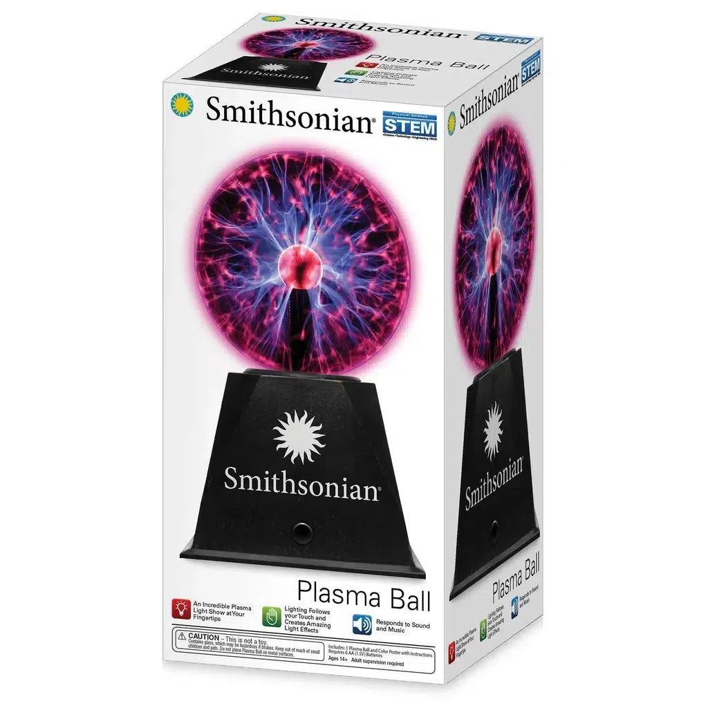 The Smithsonian Plasma Ball box reveals an atomic light show with vibrant electrical arcs inside the glowing sphere, elegantly perched on a black stand. The packaging proudly displays the STEM logo and product details.