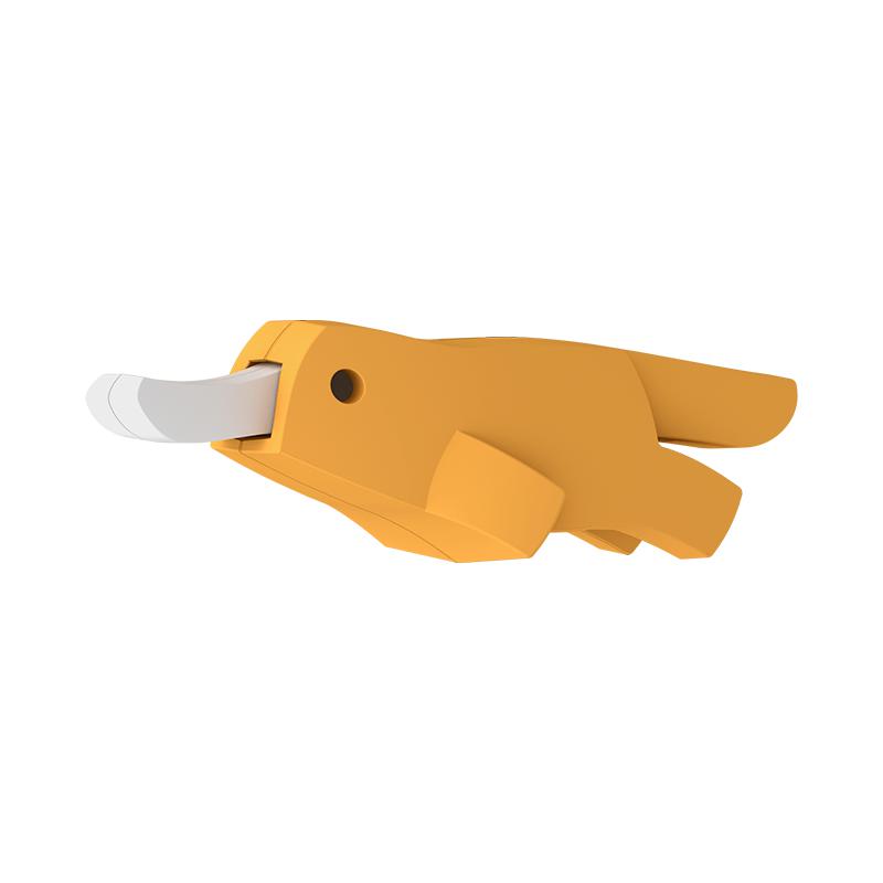 Image of the Platypus figurine. It is a geometric, macaroni orange platypus with a white bill. It is in a swimming position.