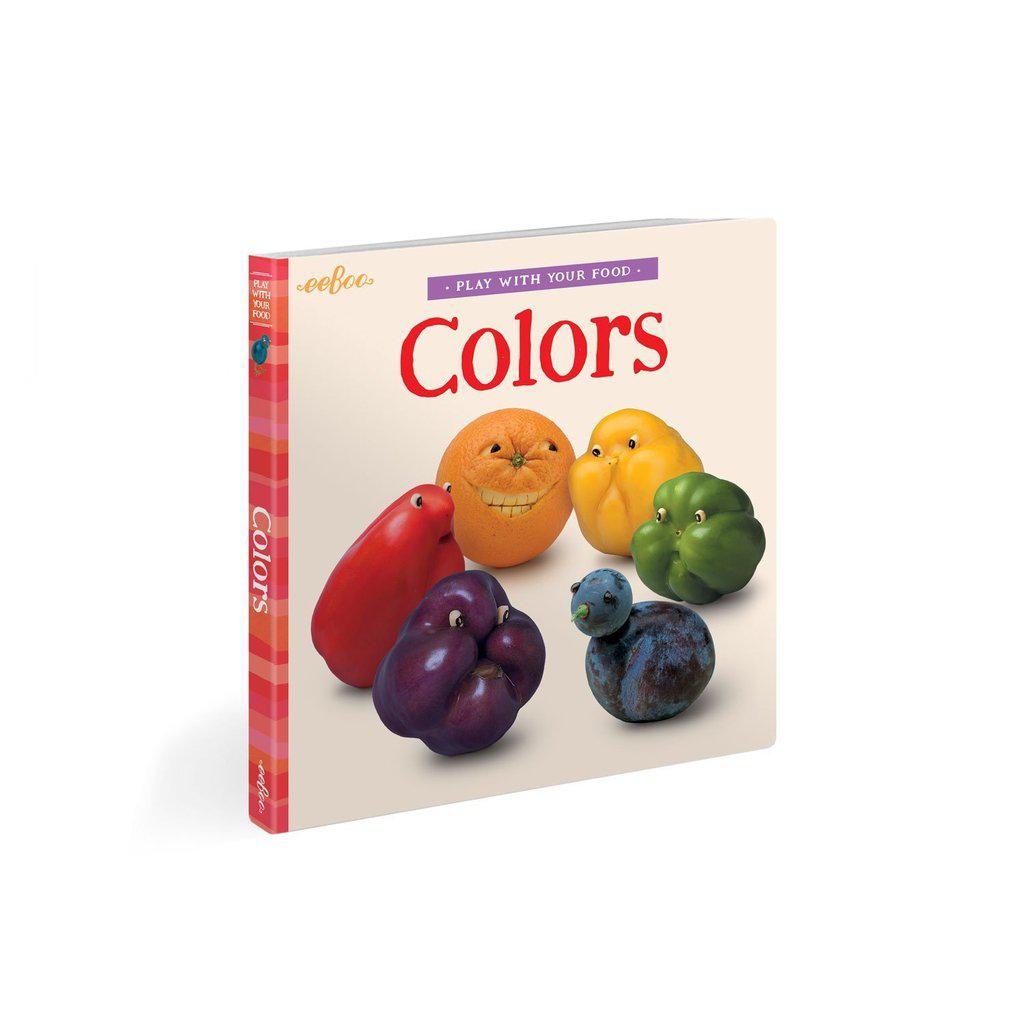 this baby learning book shows colors while interacting with pictures of food. 