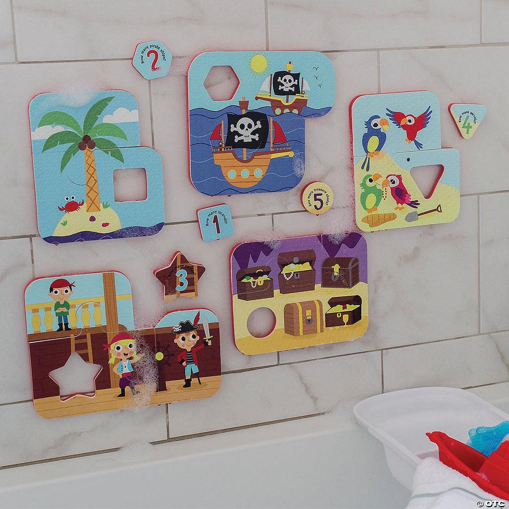 Image of all the included puzzle pieces. Each puzzle has at least 3 pieces to it, a first half, a second half, and a cutout puzzle piece with numbers on them. Each puzzle has pictures of pirate related items like pirate ships, parrots, and treasure. This toy teaches about counting because kids have to count the number of items on the puzzle to complete it.