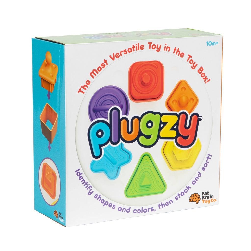 Image of the packaging for the Plugzy. On the front is a picture of the six included shape toys.