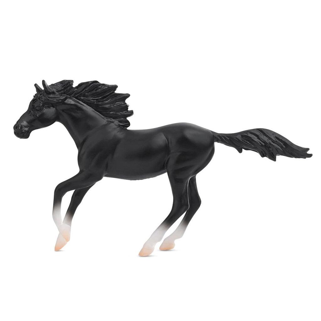 Image of one of the horses. It is an all black horse except for its white hooves and legs.