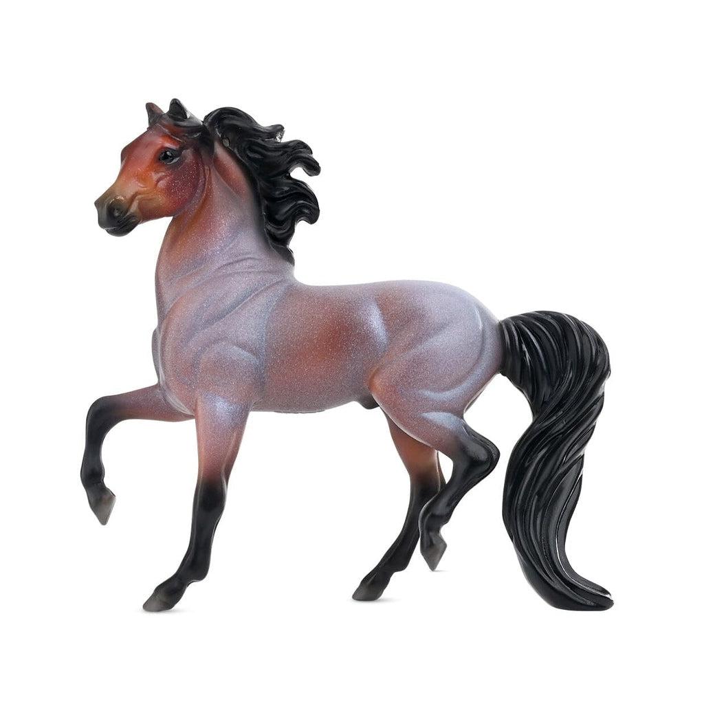 Image of one of the horses. It is a red horse with a white wash over it. It has black mane, tail, and legs.