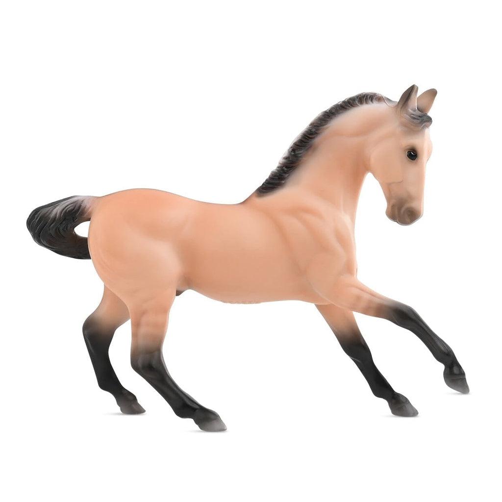 Image of one of the horses. It is a tan horse with black mane, tail, and legs.