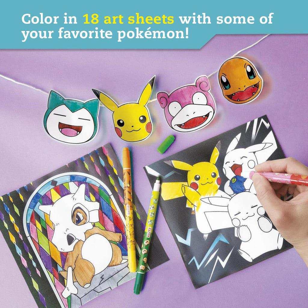 color in 18 art sheets with some of your favorite pokemon. a pikachu is being colored in that is eating a berry.