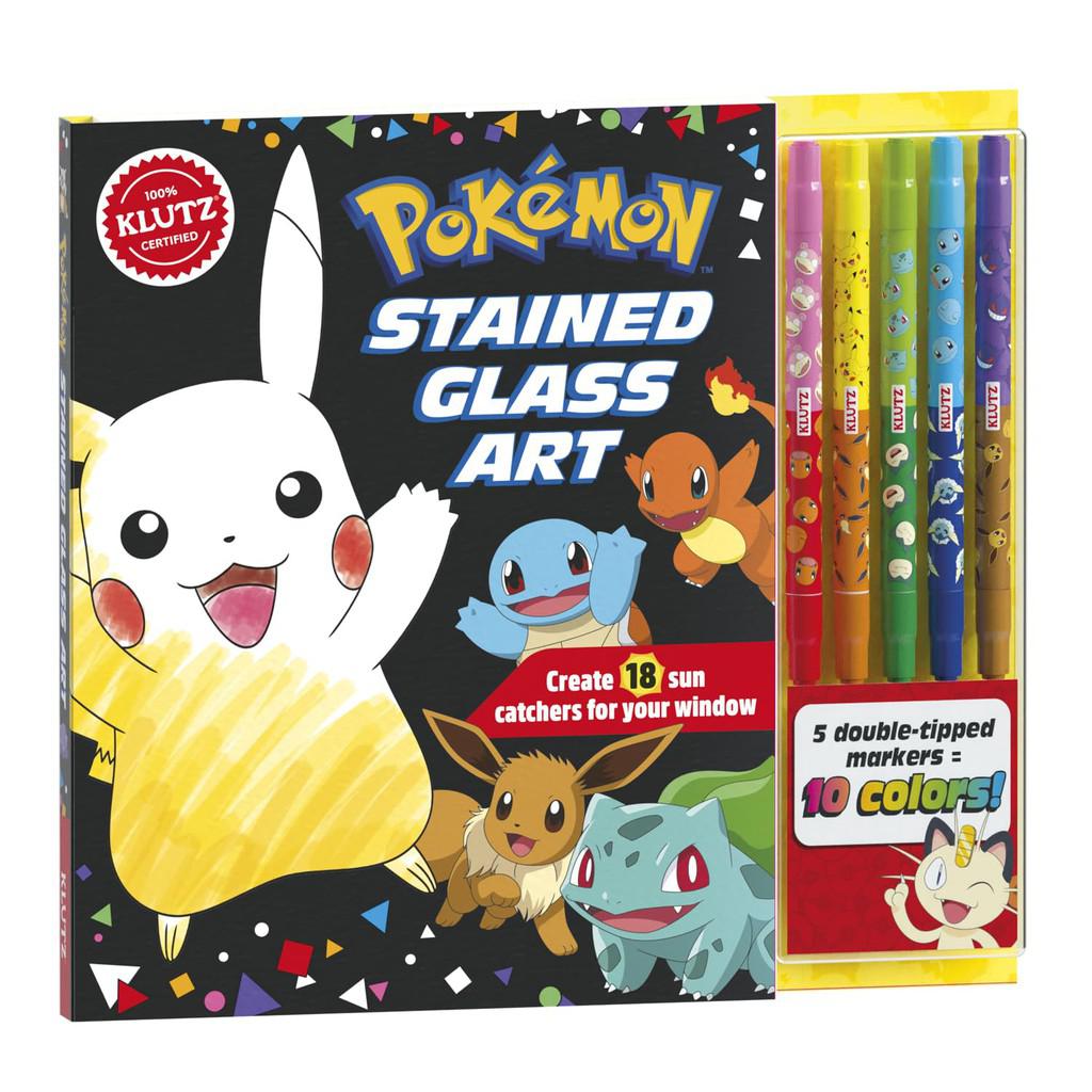 This image shows the cover box for Pokemon Stained glass art. a pop us says create 18  sun catchers for your window. there are 5 markers that are double tipped for 10 total colors needed for making pokemon art. 