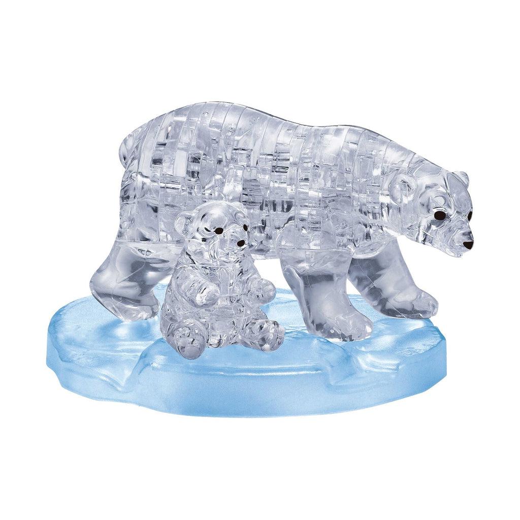 Image of the polar bear 3D puzzle. It is made from clear plastic pieces so it looks like crystal. It comes with a momma polar bear puzzle and a smaller baby polar bear puzzle that both rest on a blue base.