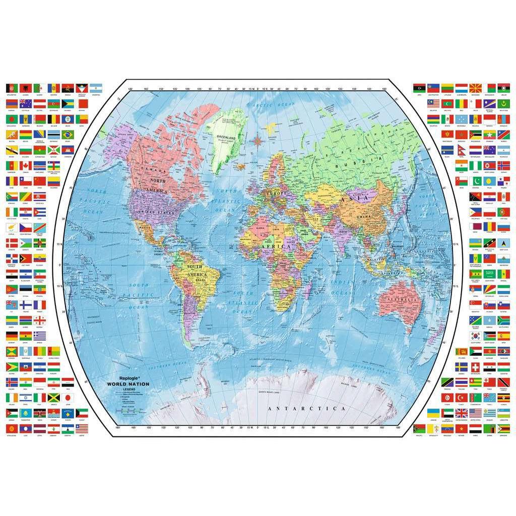 Image of the finished puzzle. It is a curved map of the world with each country labeled and colored a different color. On the sides of the map are picutres of each country's flag.