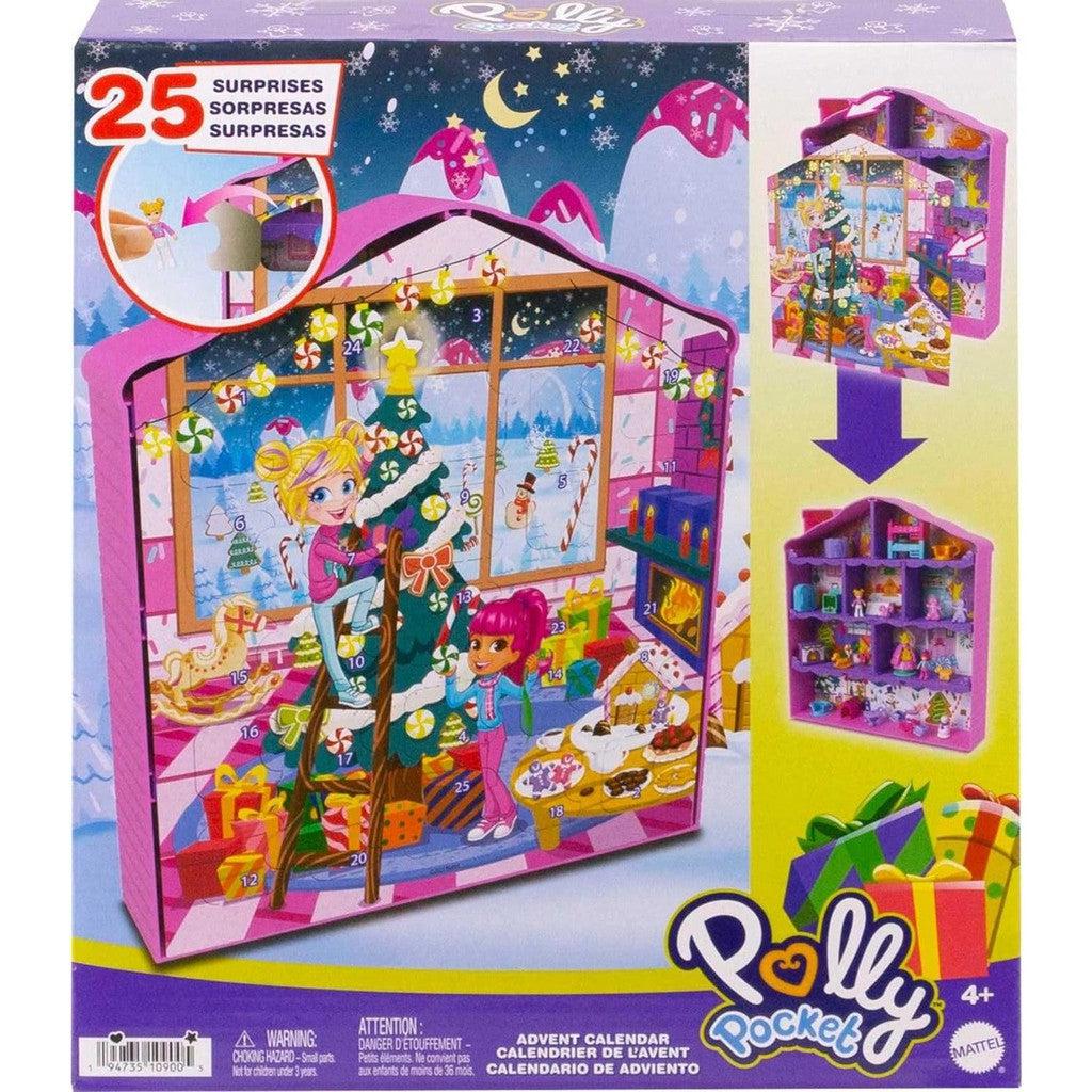 The box shows the advent calendar, the front has a picture of two polly pocket characters decorating a tree, next to images showing the front can be removed to reveal a dollhouse