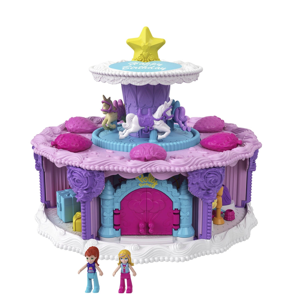 Image of the advent calendar outside of the packaging. The calendar has 7 doors that are to be opened leading up to your little girl's birthday. It is in the shape of a birthday cake and it is mainly white, blue, purple, and pink colored.