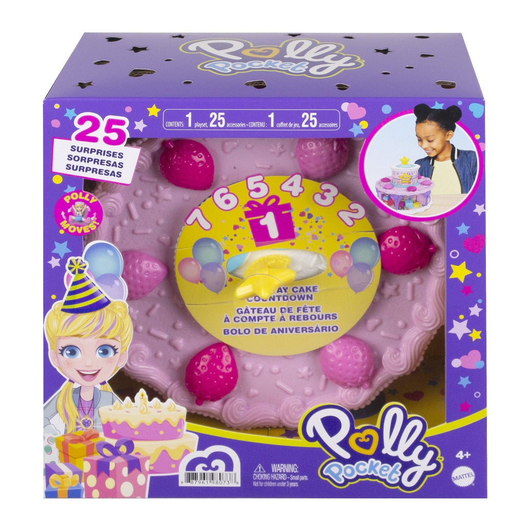 Image of the packaging for the Polly Pocket Birthday Advent Calendar. The front is made from clear plastic so you can see the product inside.