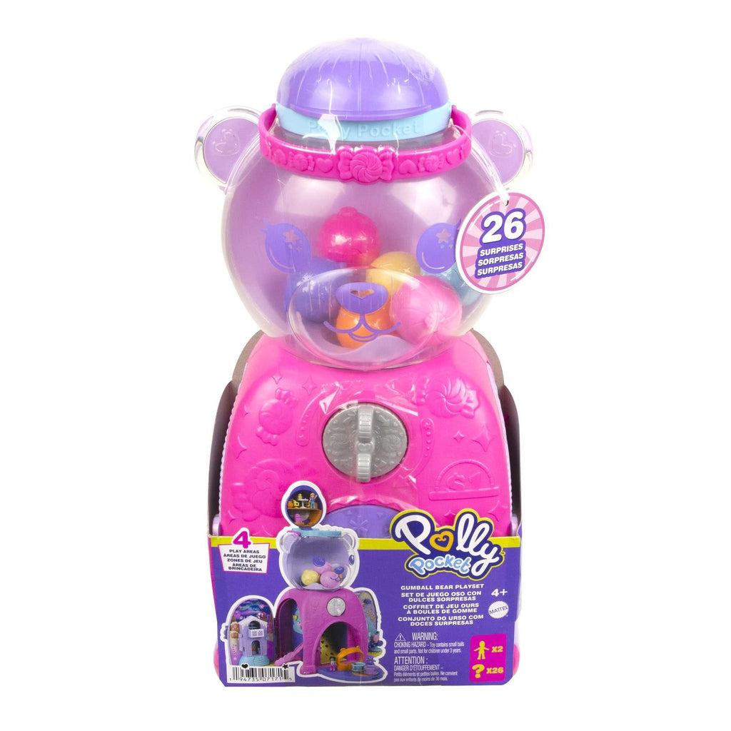 Image of the packaging for the Polly Pocket Gumball Bear play set. The packaging is clear so that you can see the gumball machine clearly.