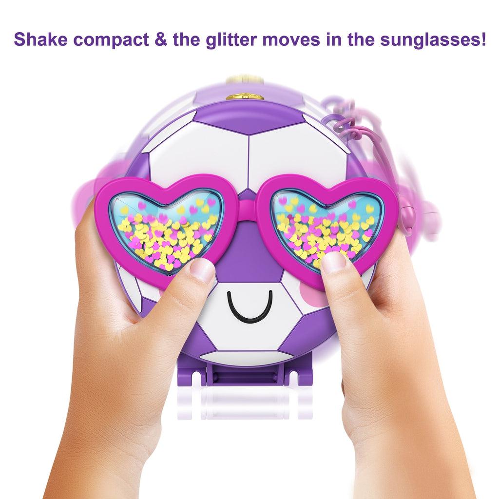Shows that if you shake the compact, the glitter moves inside of the sunglasses.