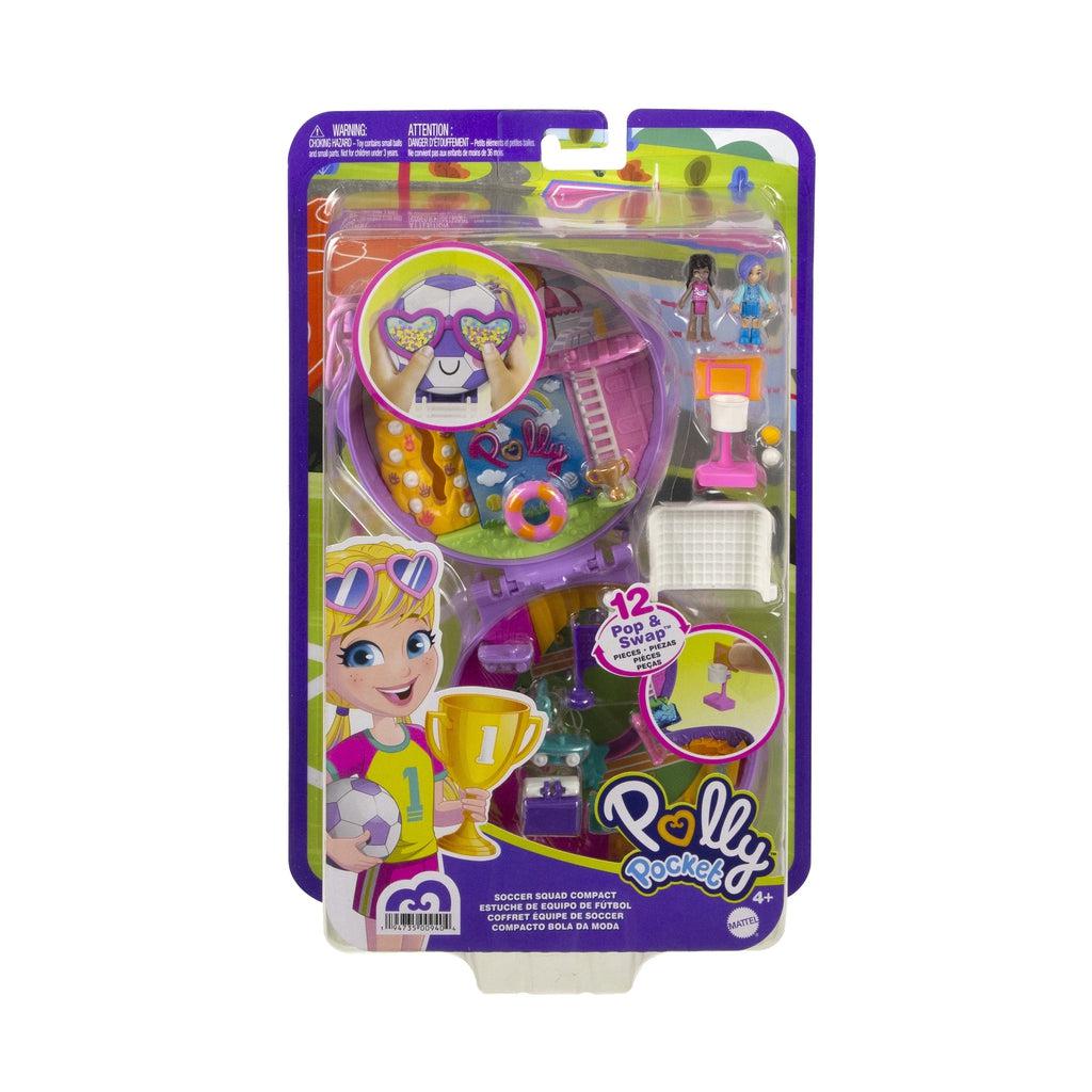 Image of the packaging for the Polly Pocket Soccer Squad Compact. The front is made from clear plastic so you can see all the included pieces inside.