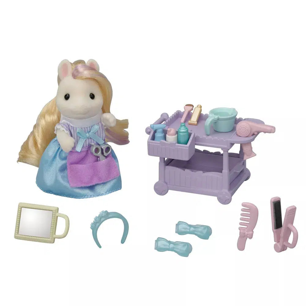 The pony doll has a brush, mirror, hair accessories, and a push cart full of hair supplies to play with.