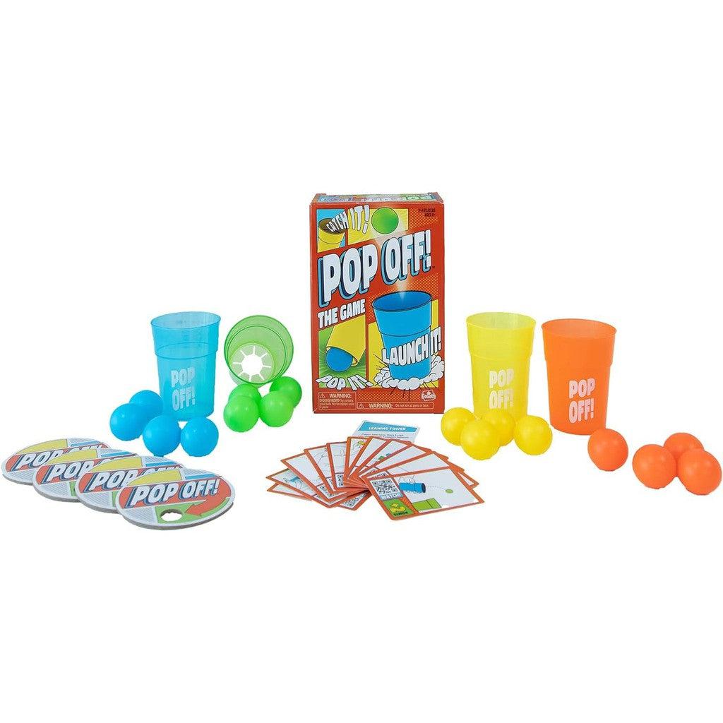 this iamge shows 4 colored cups, 4 balls per color, a set of cards and 4 coasters to land the ball in